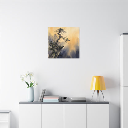 Zen Pine Tree in Golden Hour | Sumi E Canvas Art