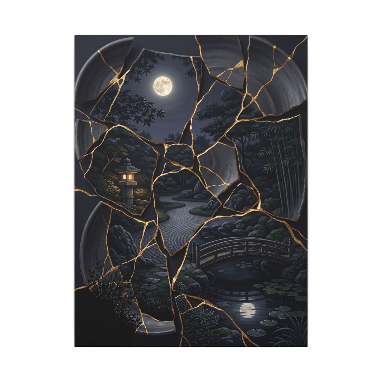 Kintsugi Moonlit Garden in Golden Hour | Gold Repair Canvas Art