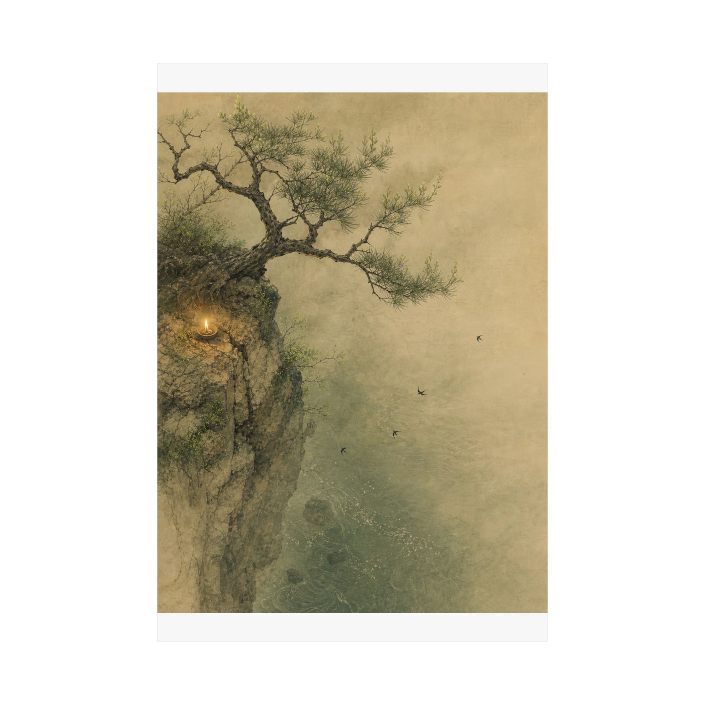 Japandi Pine Tree in Candlelight | Minimal Line Wall Art Print