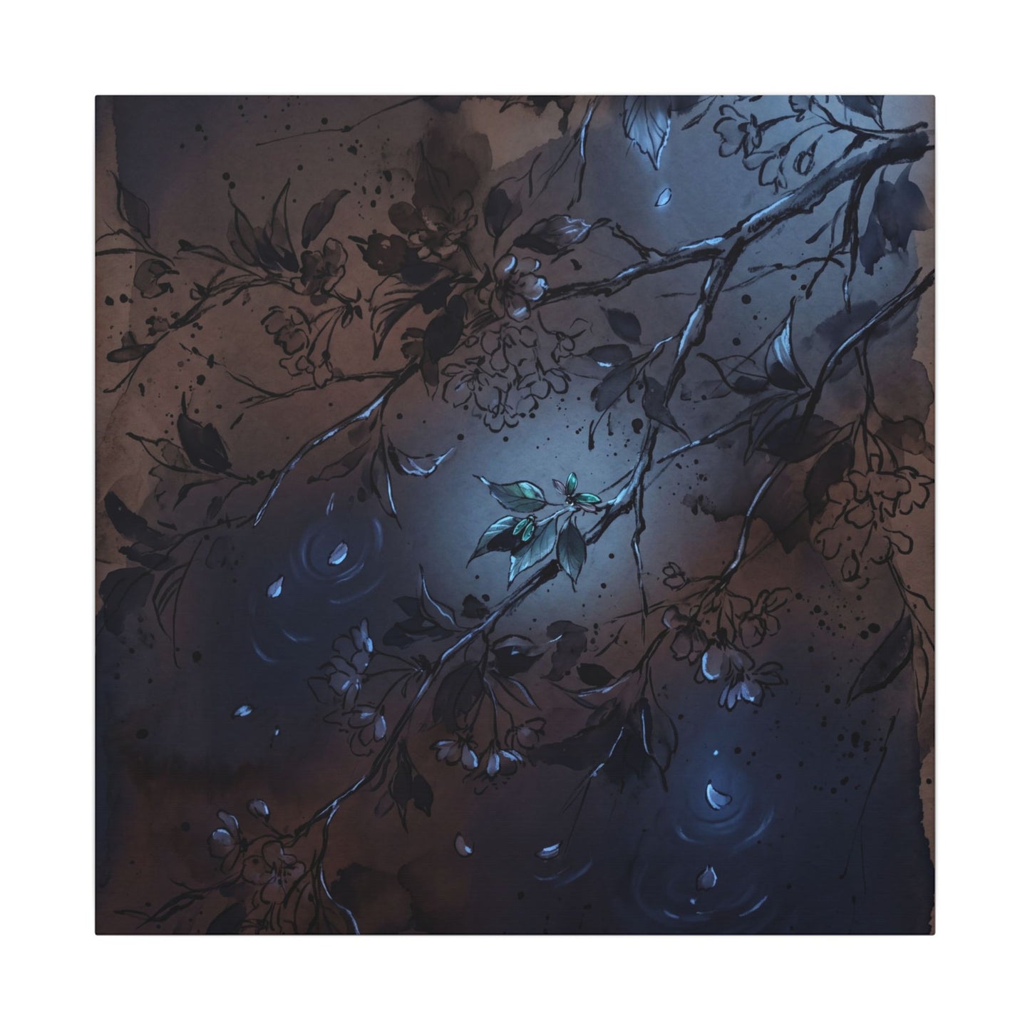 Bold Cherry Blossom Canvas Art - Charcoal Ink Dark Japandi