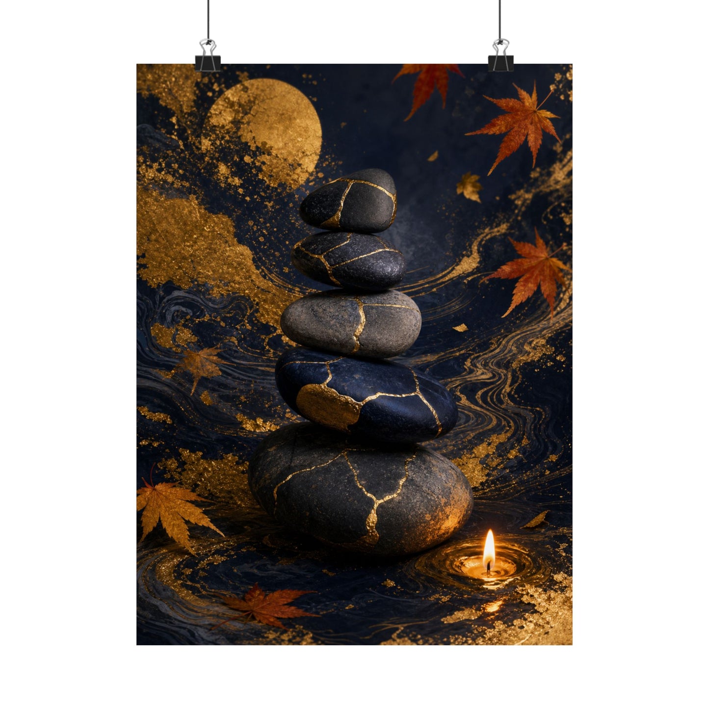 River Stones Wall Art Print | Autumn Kintsugi Gold Vein Art