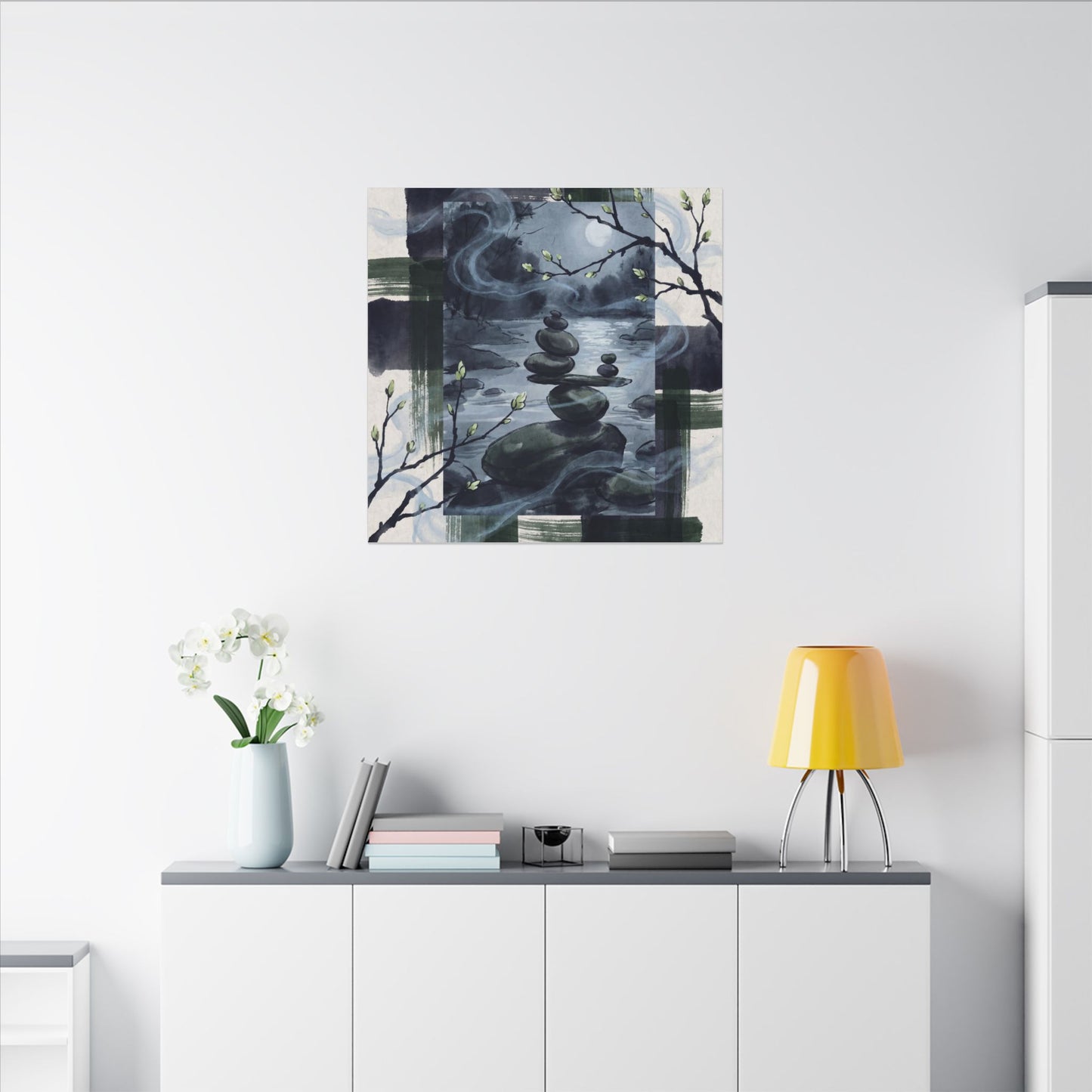 Moonlight River Stones Canvas Art - Zen Shibui