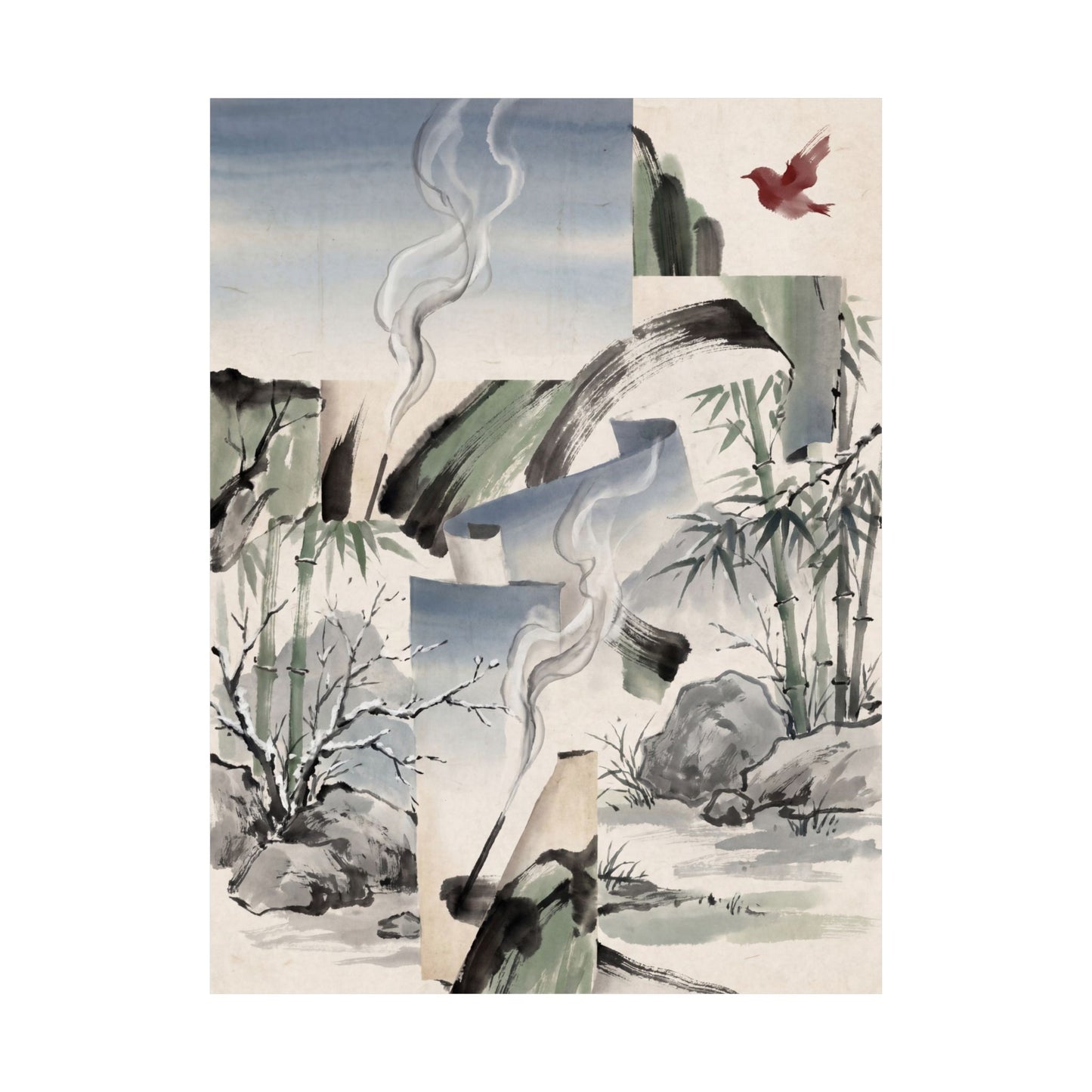 Serene Incense Smoke Wall Art Print - Sumi E Zen