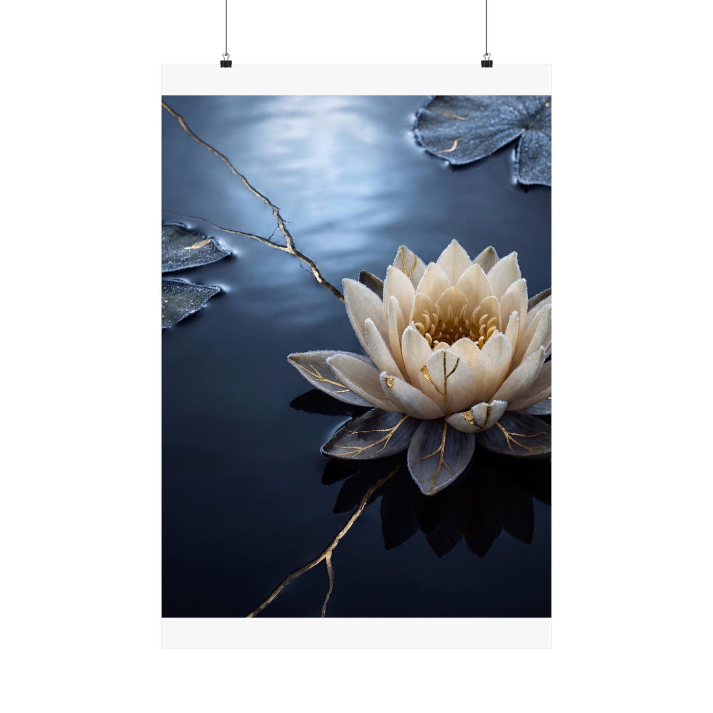 Winter Lotus Flower Gold Vein Wall Art Print | Resilient Decor