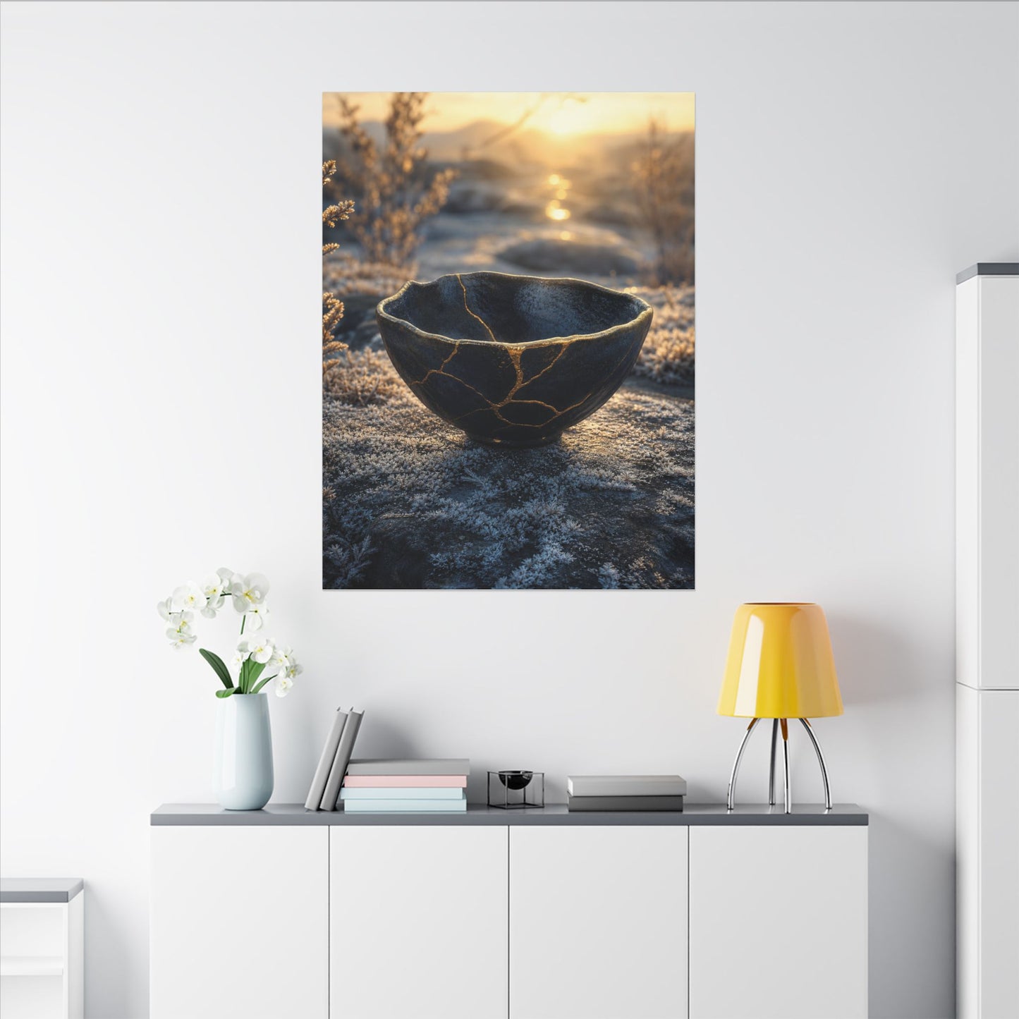 Ceramic Bowl Canvas Art | Winter Kintsugi Gold Repair Art