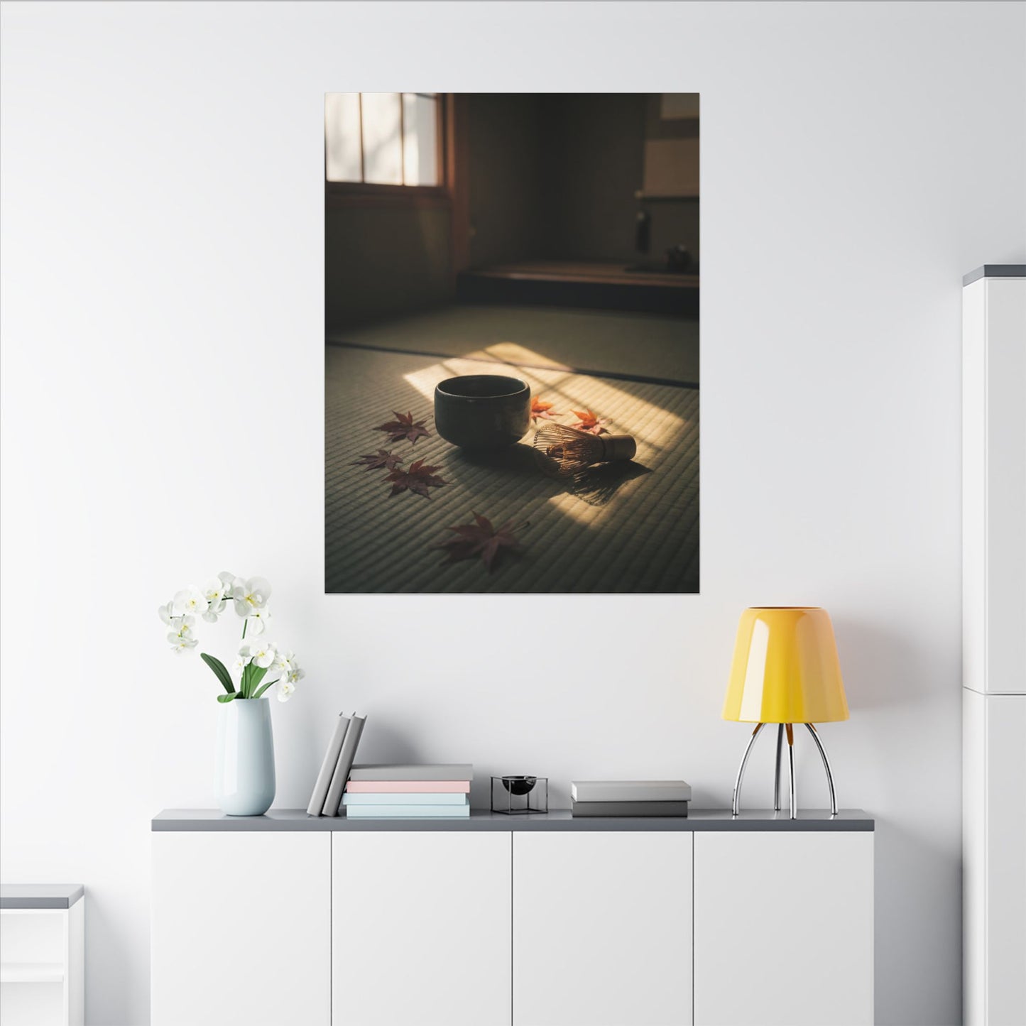 Dark Japandi Tea Ceremony in Golden Hour | Moody Minimal Canvas Art