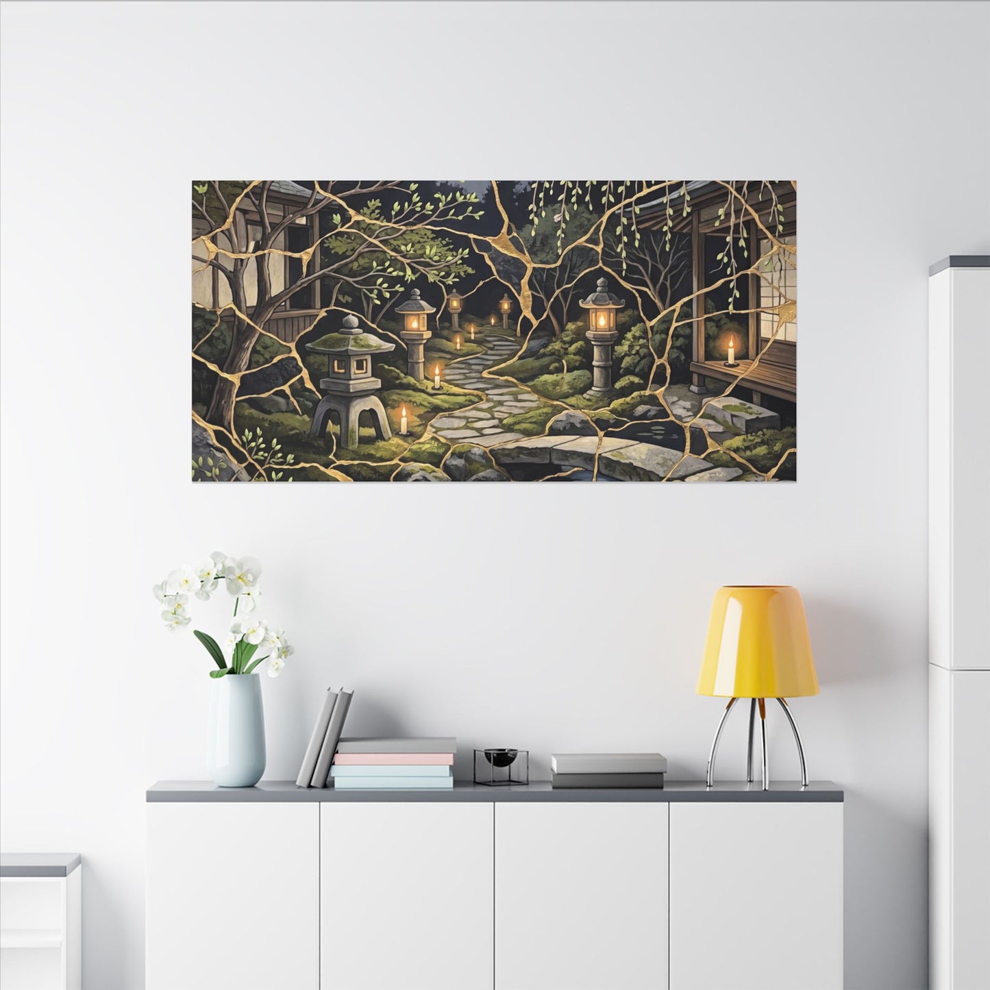 Kintsugi Moonlit Garden in Candlelight | Gold Vein Canvas Art