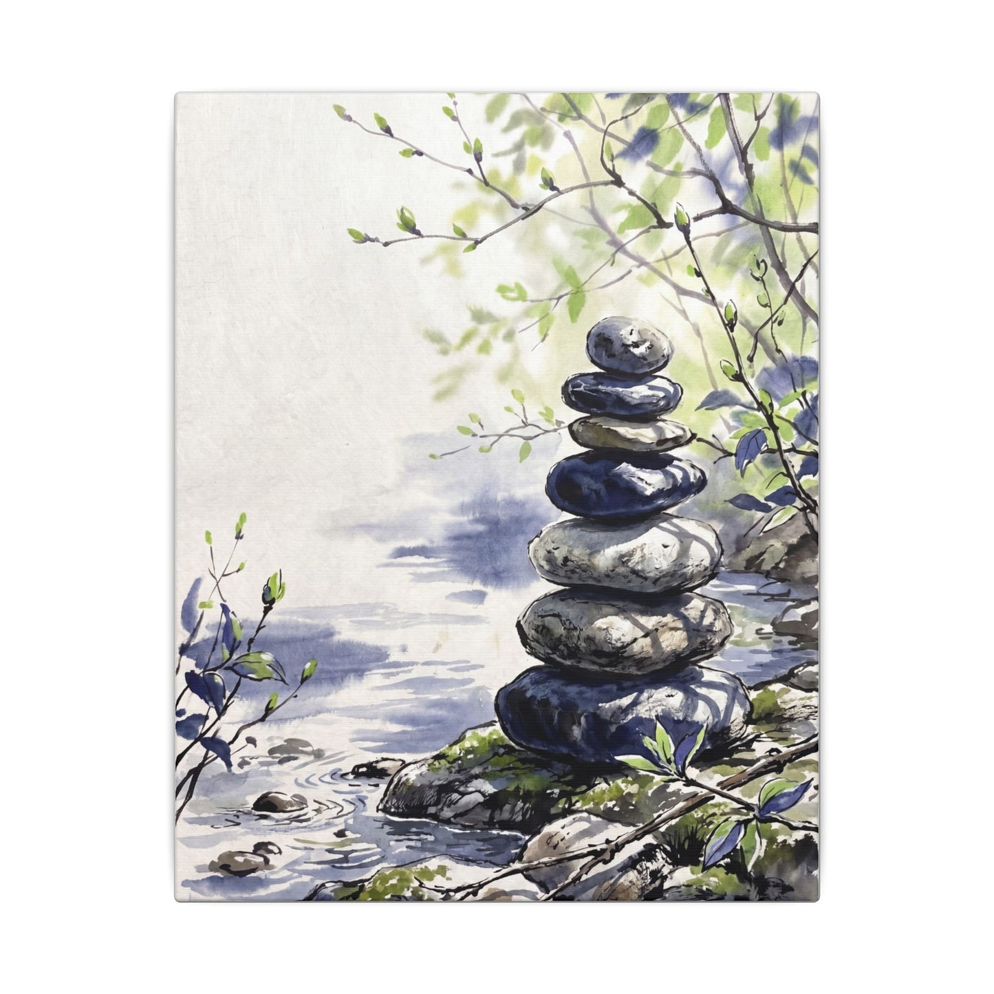 River Stones Sumi E Canvas Art | Serene Zen Art