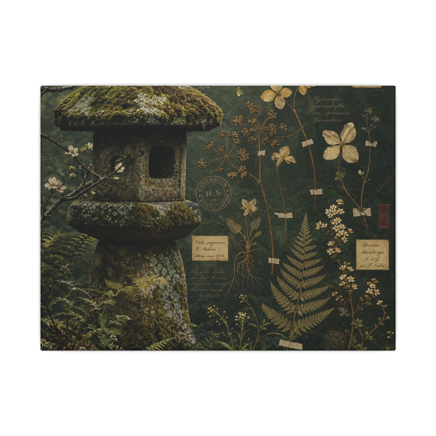 Spring Stone Lantern Herbarium Canvas Art | Nostalgic Decor