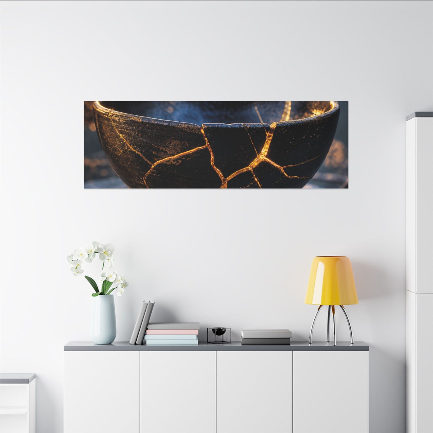 Ceramic Bowl Canvas Art | Winter Kintsugi Gold Repair Art