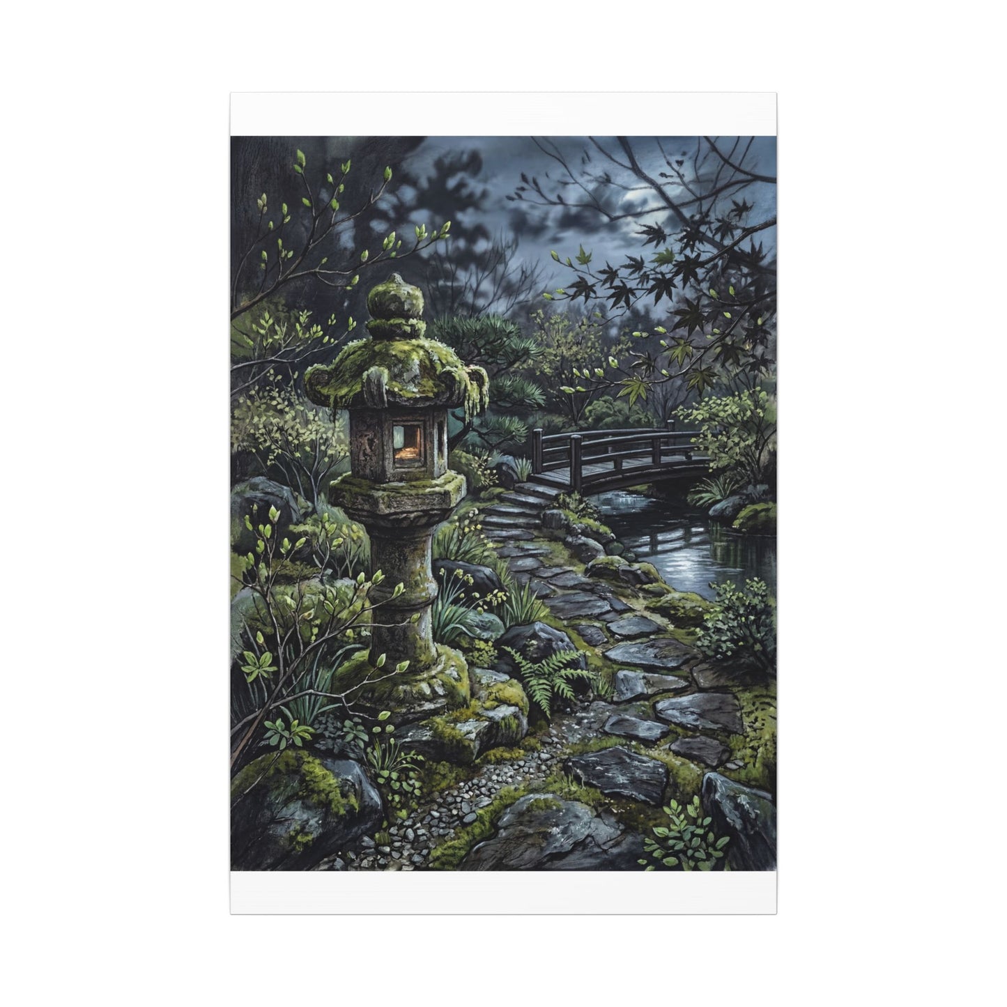 Japandi Stone Lantern in Moonlight | Texture Canvas Art