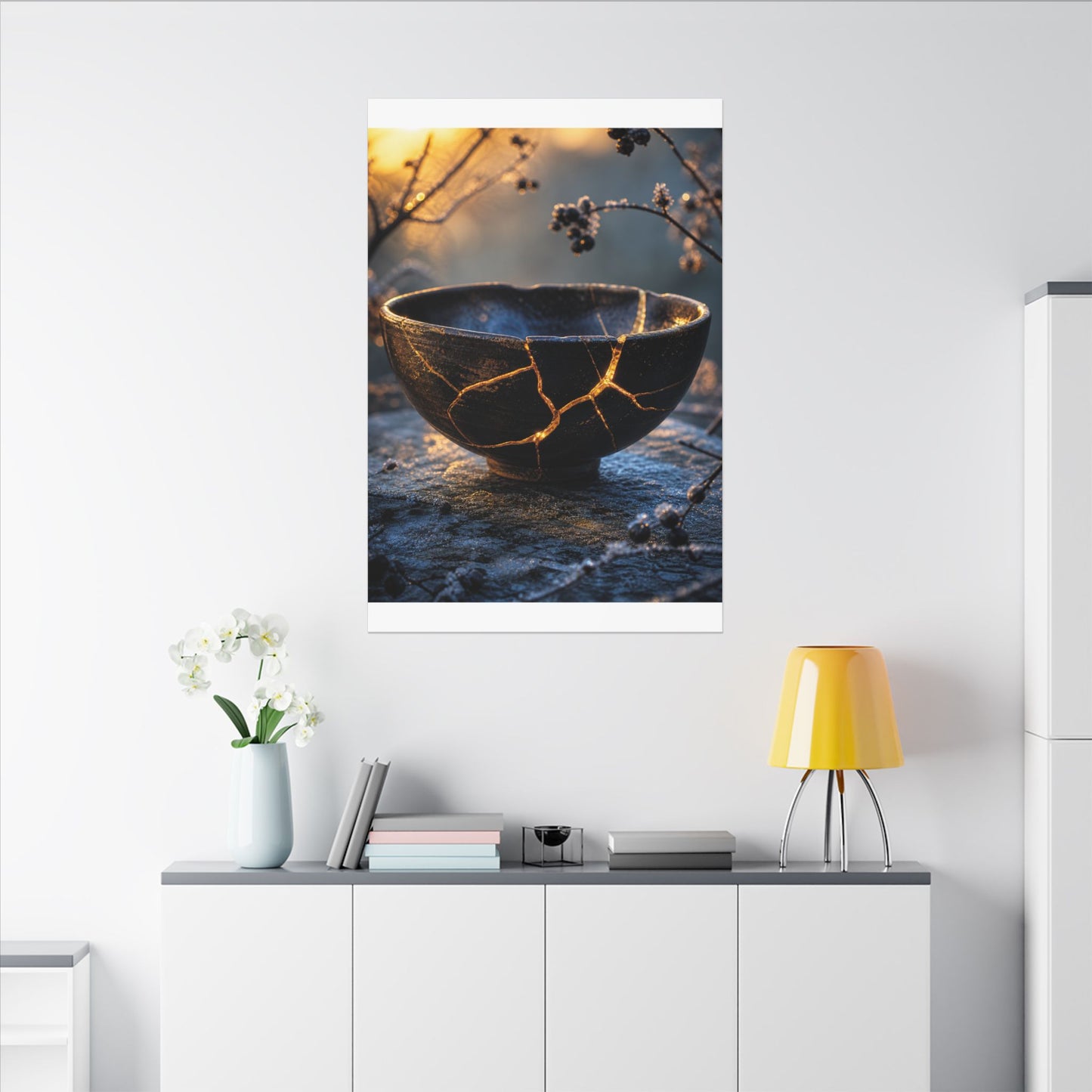 Ceramic Bowl Canvas Art | Winter Kintsugi Gold Repair Art