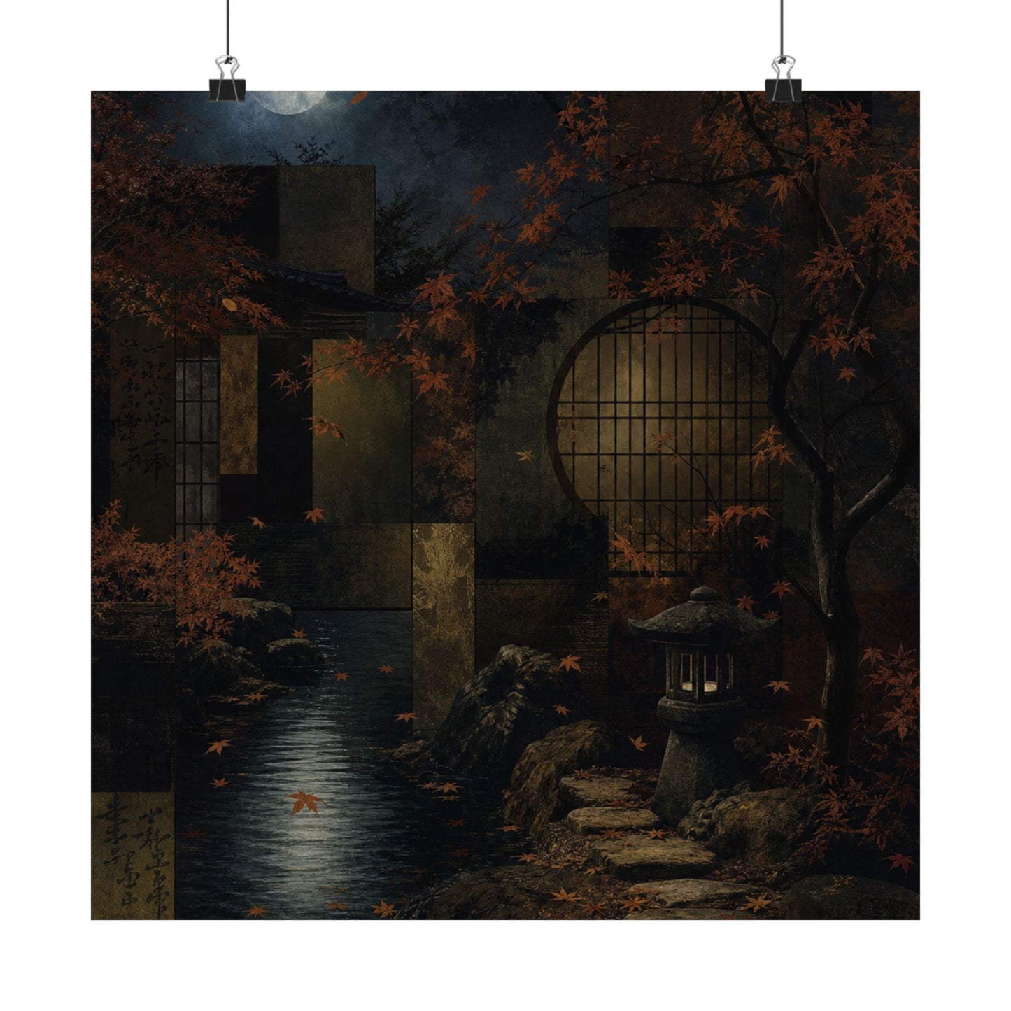 Moonlit Garden Shadow Zen Wall Art Print | Moody Dark Japandi Art