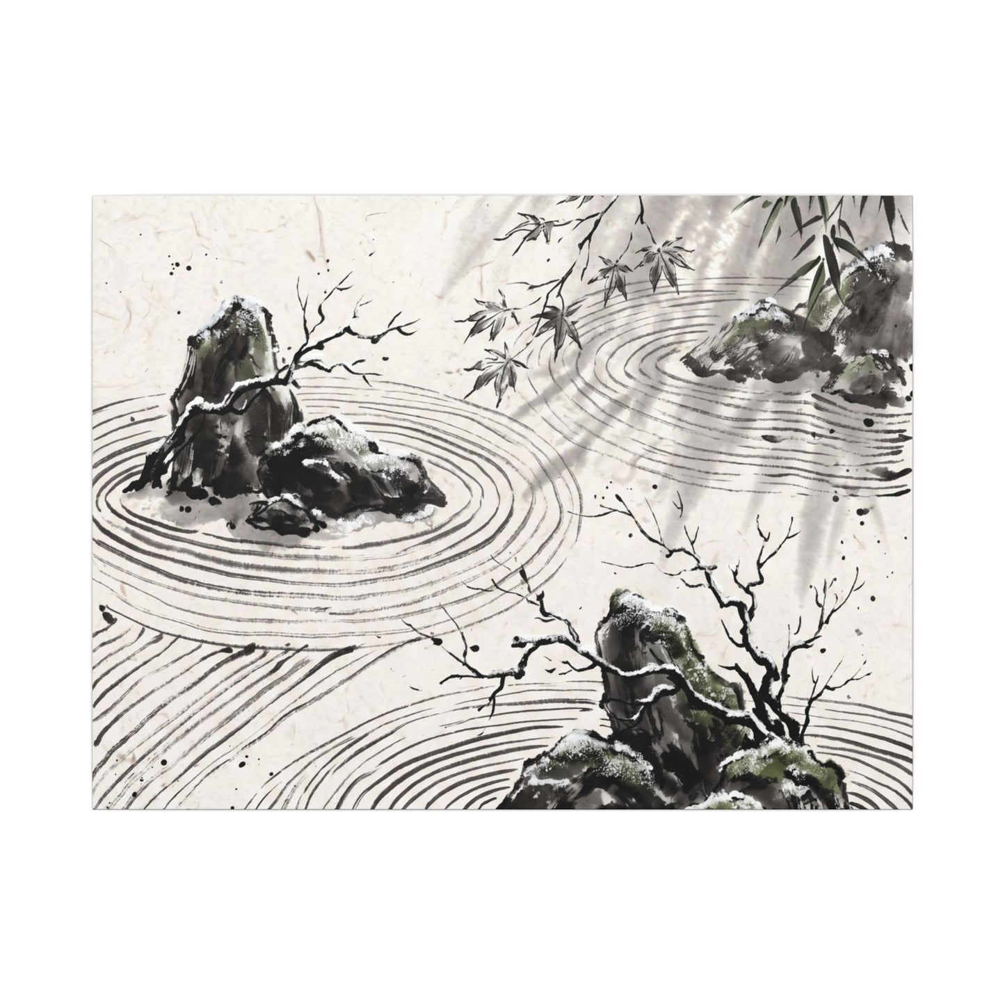 Rock Garden Canvas Art | Winter Zen Sumi E Art