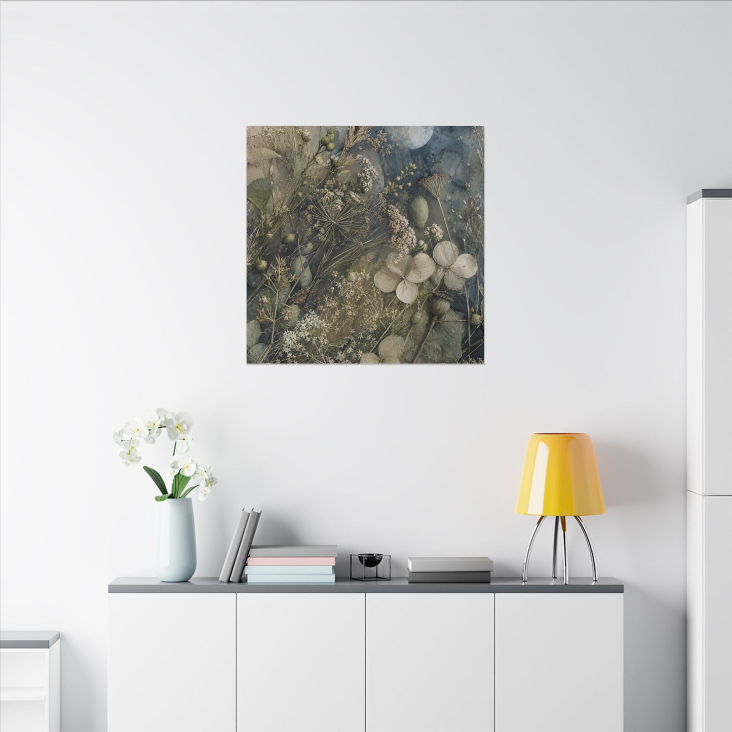 Japandi Dried Flowers in Moonlight | Watercolor Canvas Art