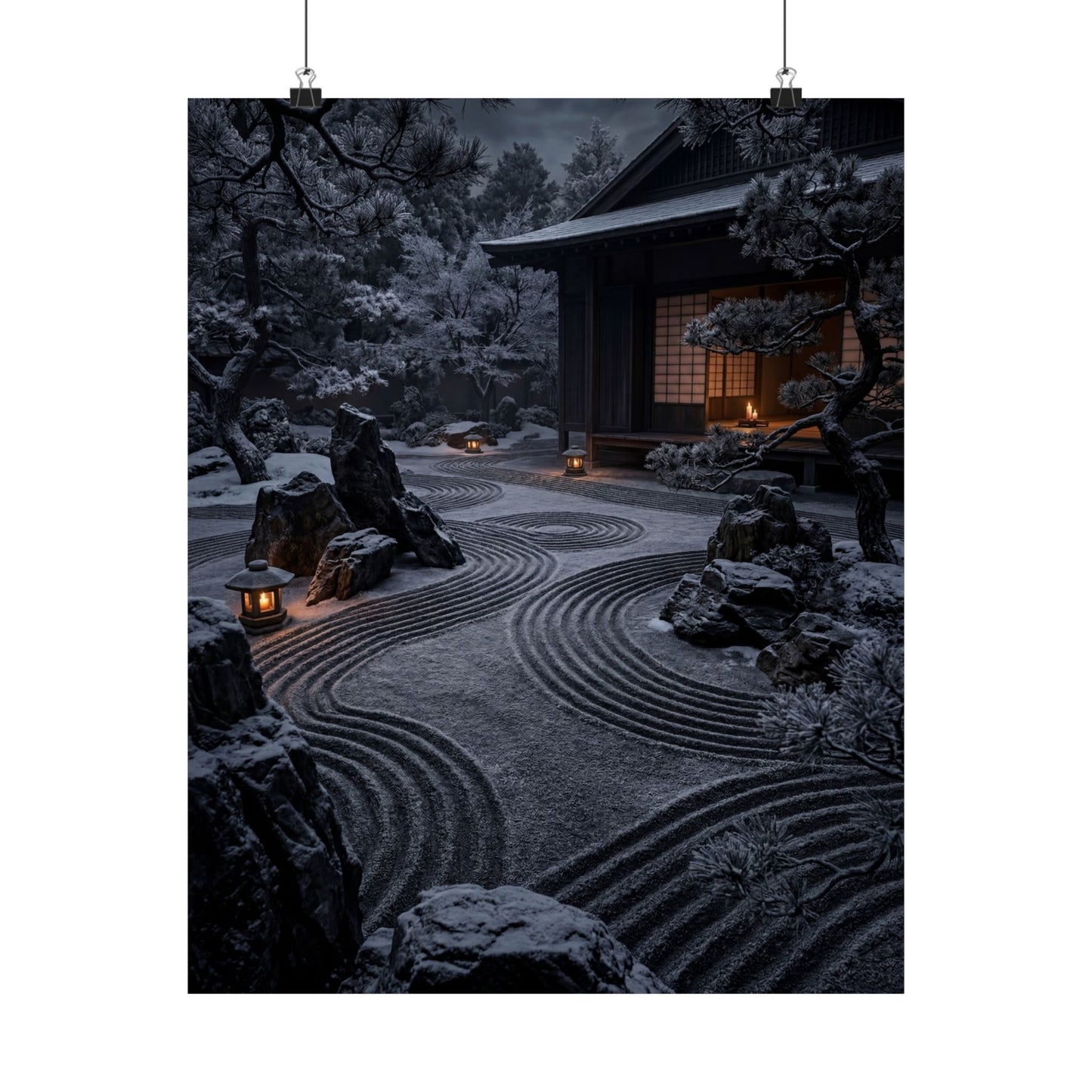 Dark Japandi Rock Garden in Candlelight | Shadow Zen Wall Art Print Art Print
