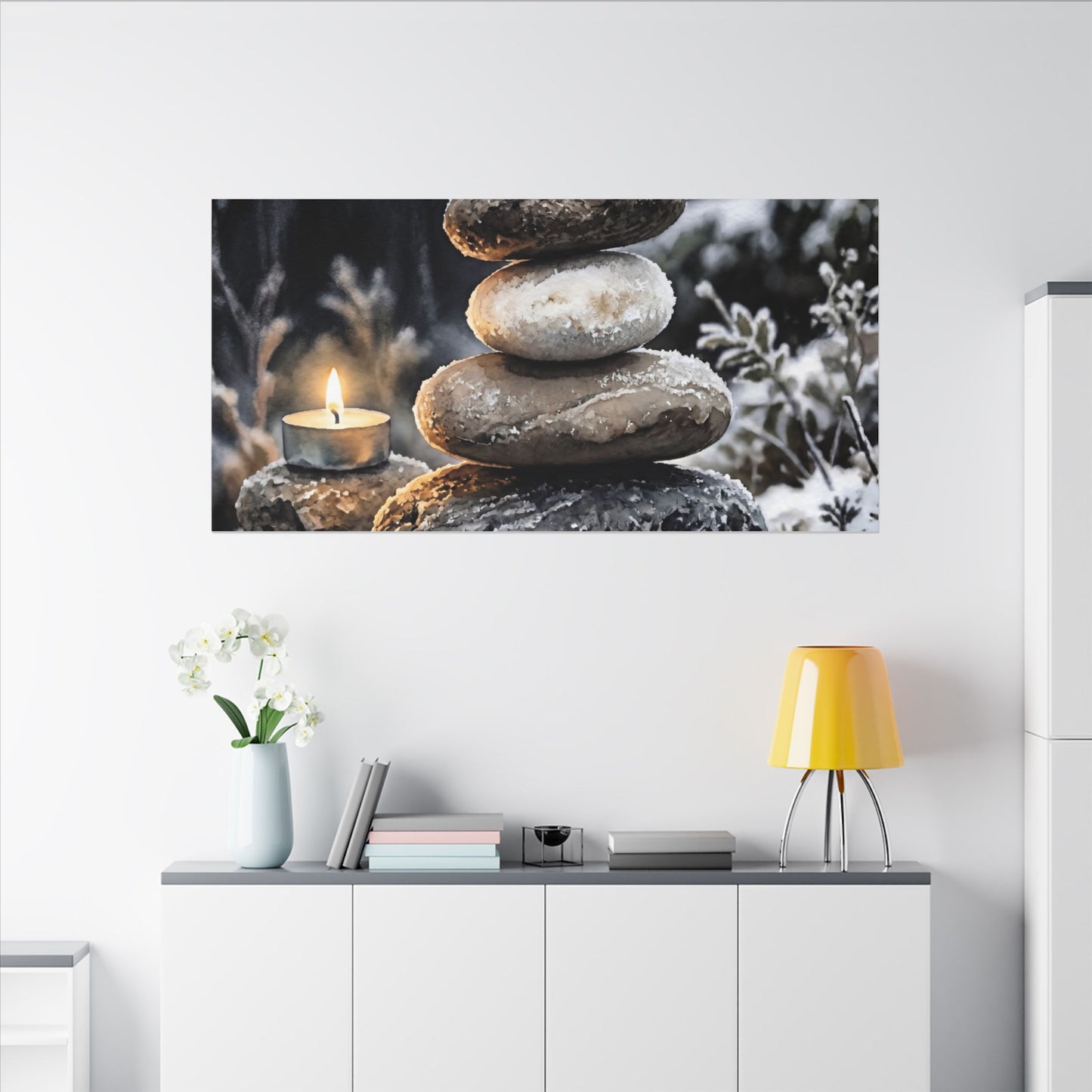 River Stones Canvas Art | Winter Japandi Watercolor Art