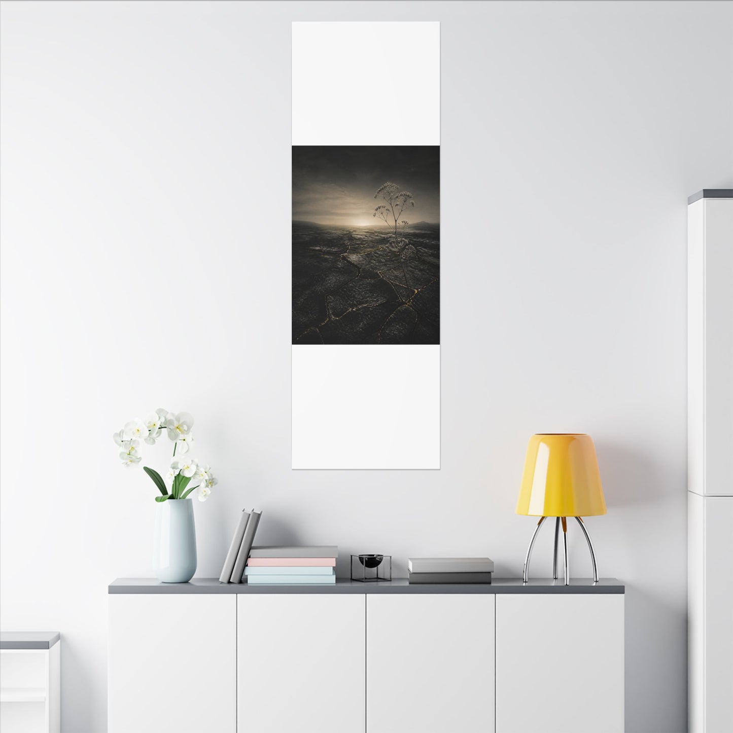 Dawn Cracked Earth Canvas Art - Dark Japandi Mono No Aware