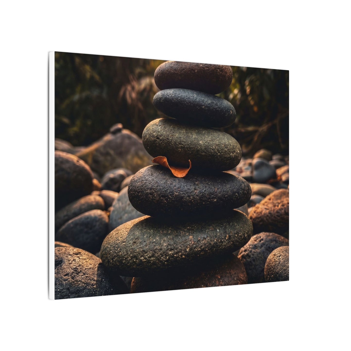 Dark Japandi River Stones in Golden Hour | Moody Minimal Canvas Art