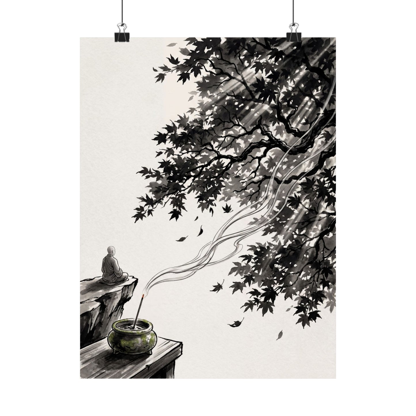 Contemplative Incense Smoke Wall Art Print - Ukiyo E Inspired Zen Art Print