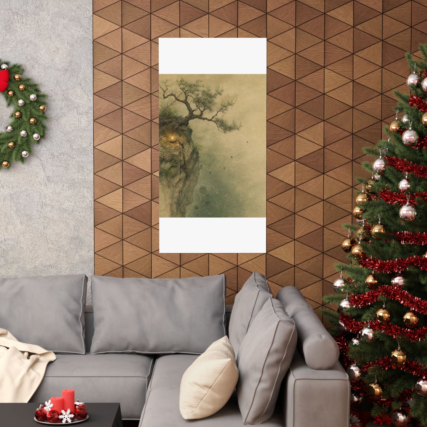 Japandi Pine Tree in Candlelight | Minimal Line Wall Art Print