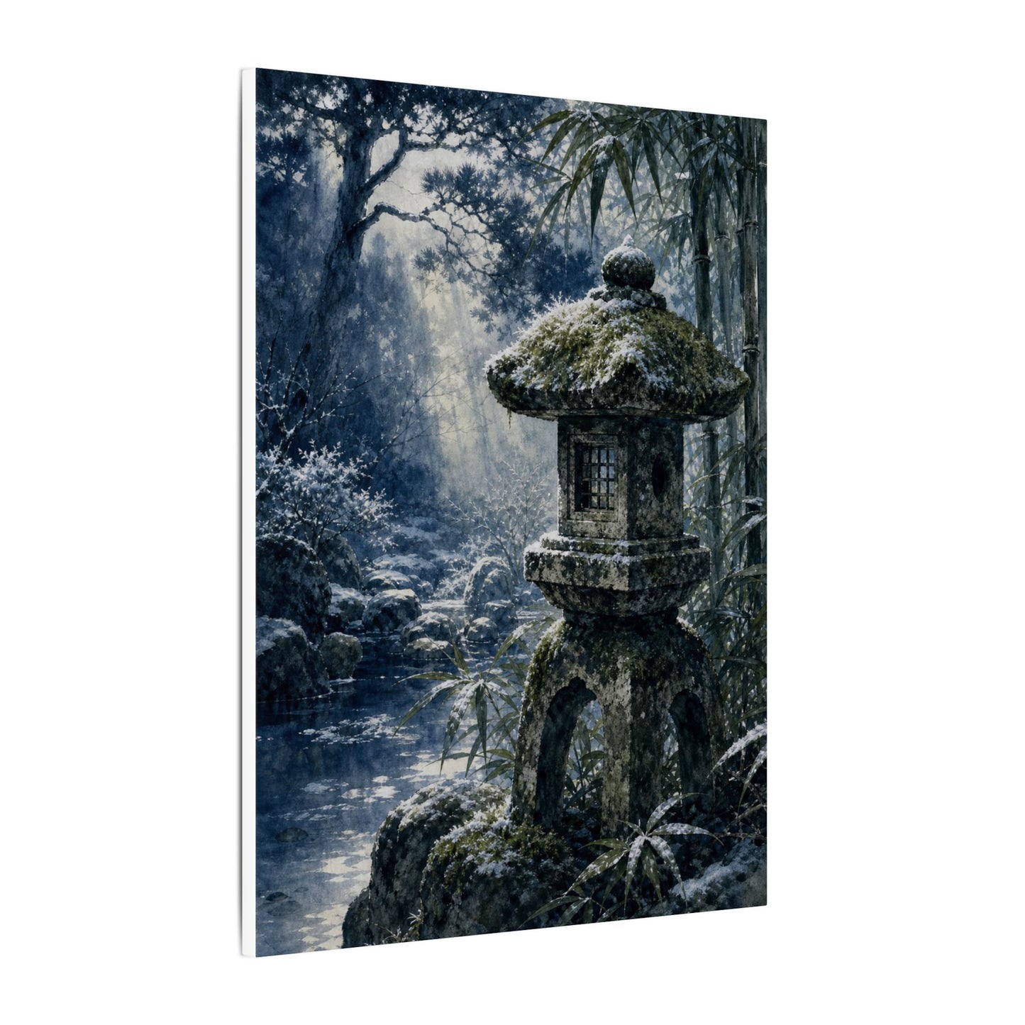Zen Stone Lantern in Dappled | Sumi E Canvas Art