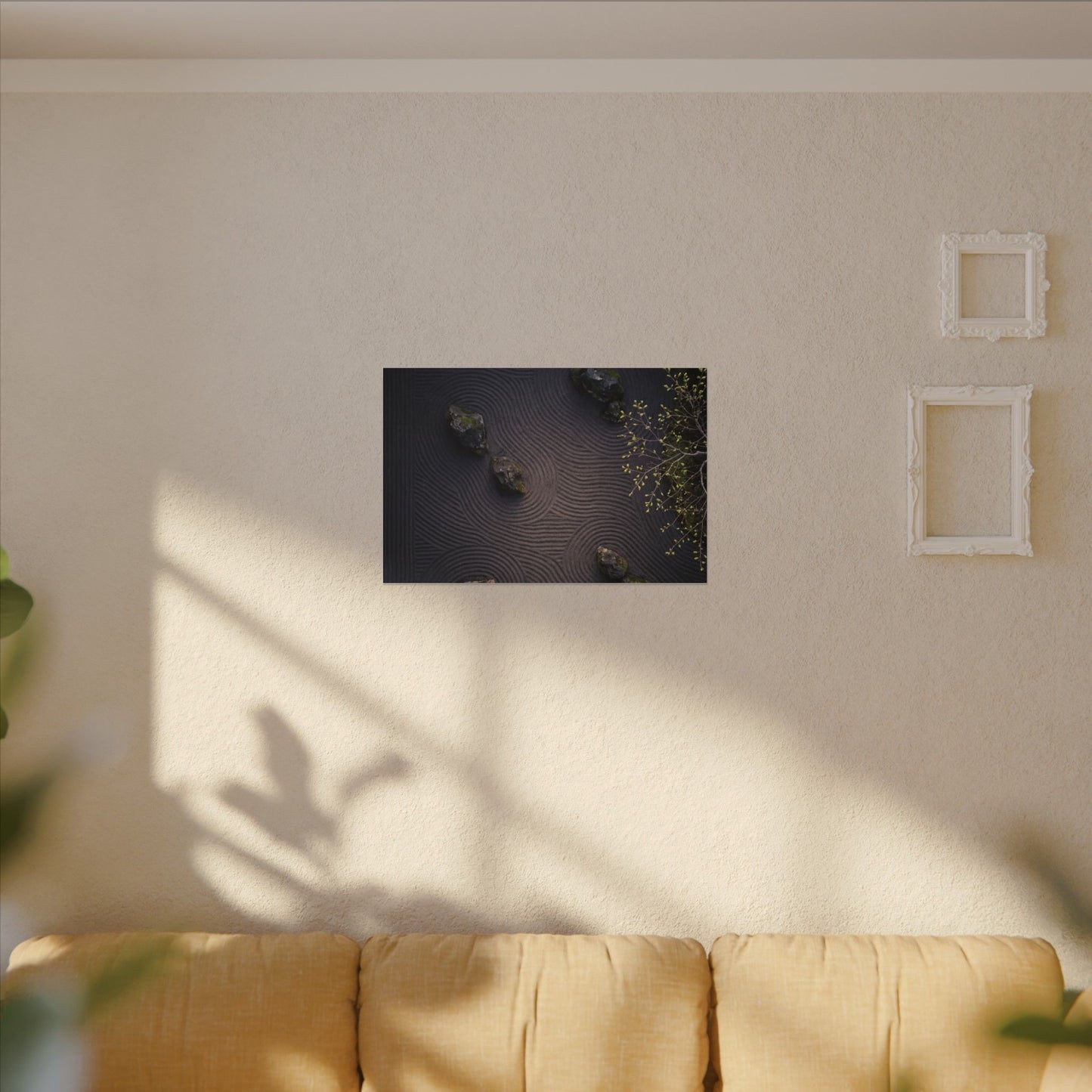 Dark Japandi Rock Garden in Dawn | Shadow Zen Canvas Art