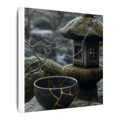 Stone Lantern Canvas Art | Winter Kintsugi Gold Repair Art