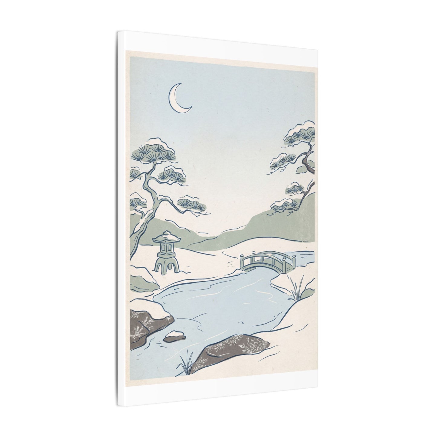 Japandi Moonlit Garden in Moonlight | Minimal Line Canvas Art