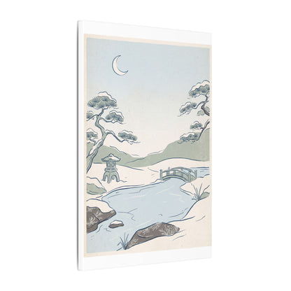 Japandi Moonlit Garden in Moonlight | Minimal Line Canvas Art