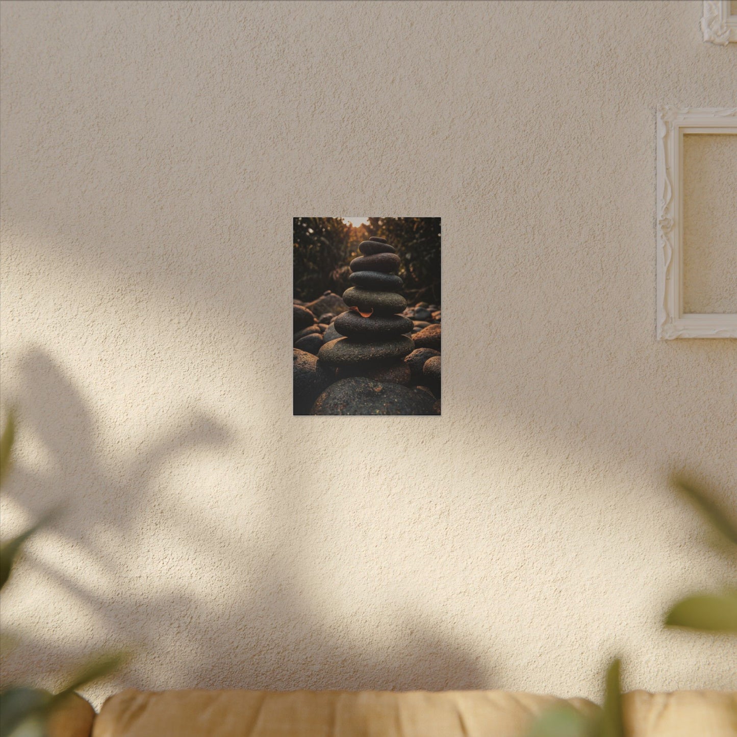 Dark Japandi River Stones in Golden Hour | Moody Minimal Canvas Art