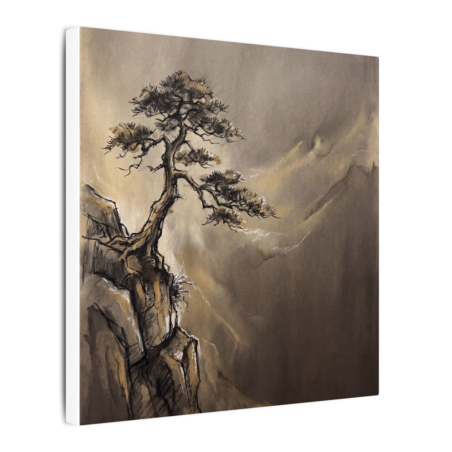Pine Tree Charcoal Ink Canvas Art | Luxurious Dark Japandi Art