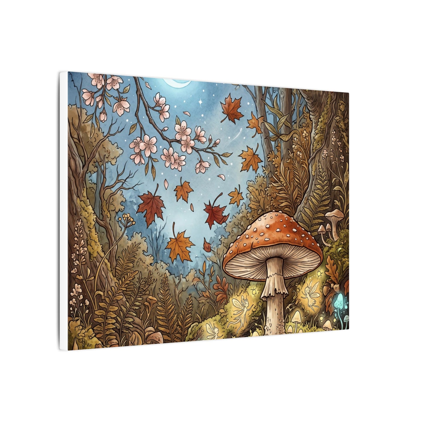 Autumn Cherry Blossom Mushroom Illustration Canvas Art | Enchanting Decor