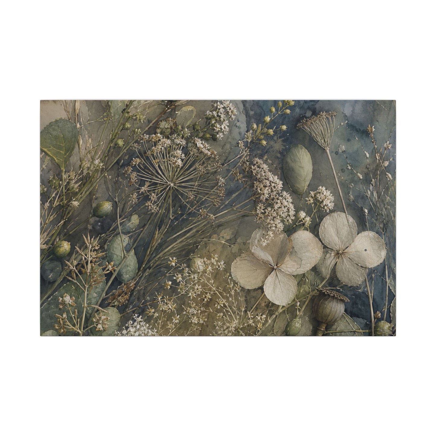 Japandi Dried Flowers in Moonlight | Watercolor Canvas Art