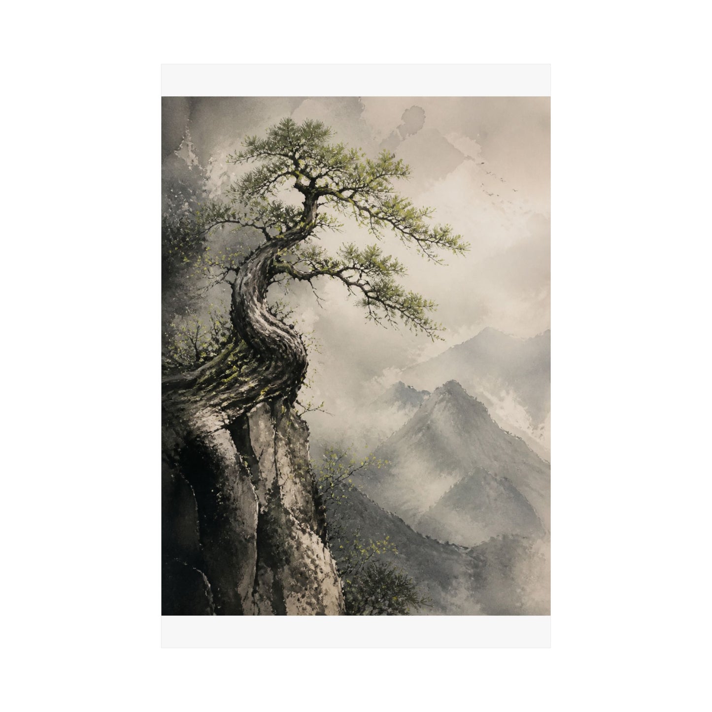 Japandi Pine Tree in Dappled | Watercolor Wall Art Print