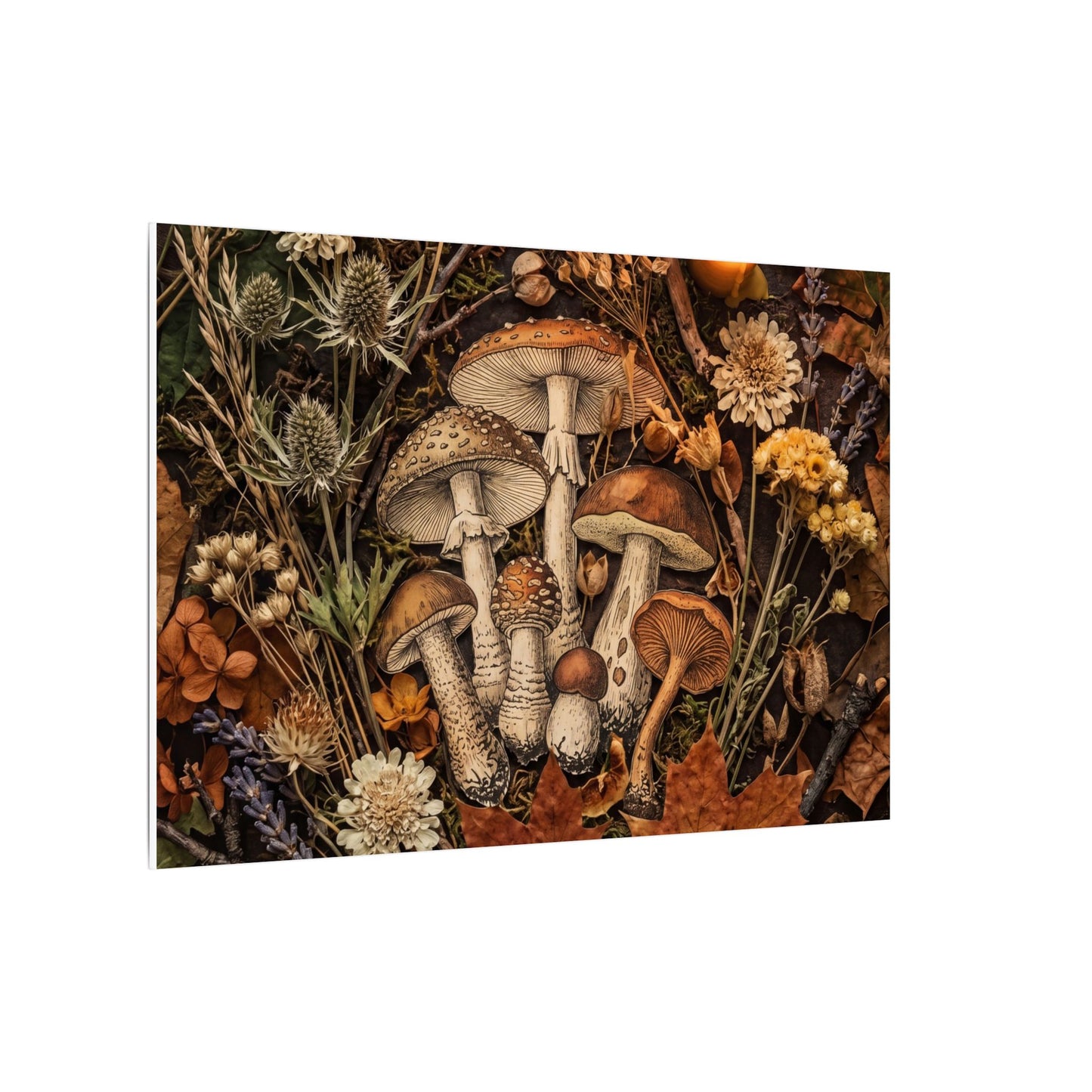 Autumn Dried Flowers Mushroom Illustration Canvas Art | Earthy Decor
