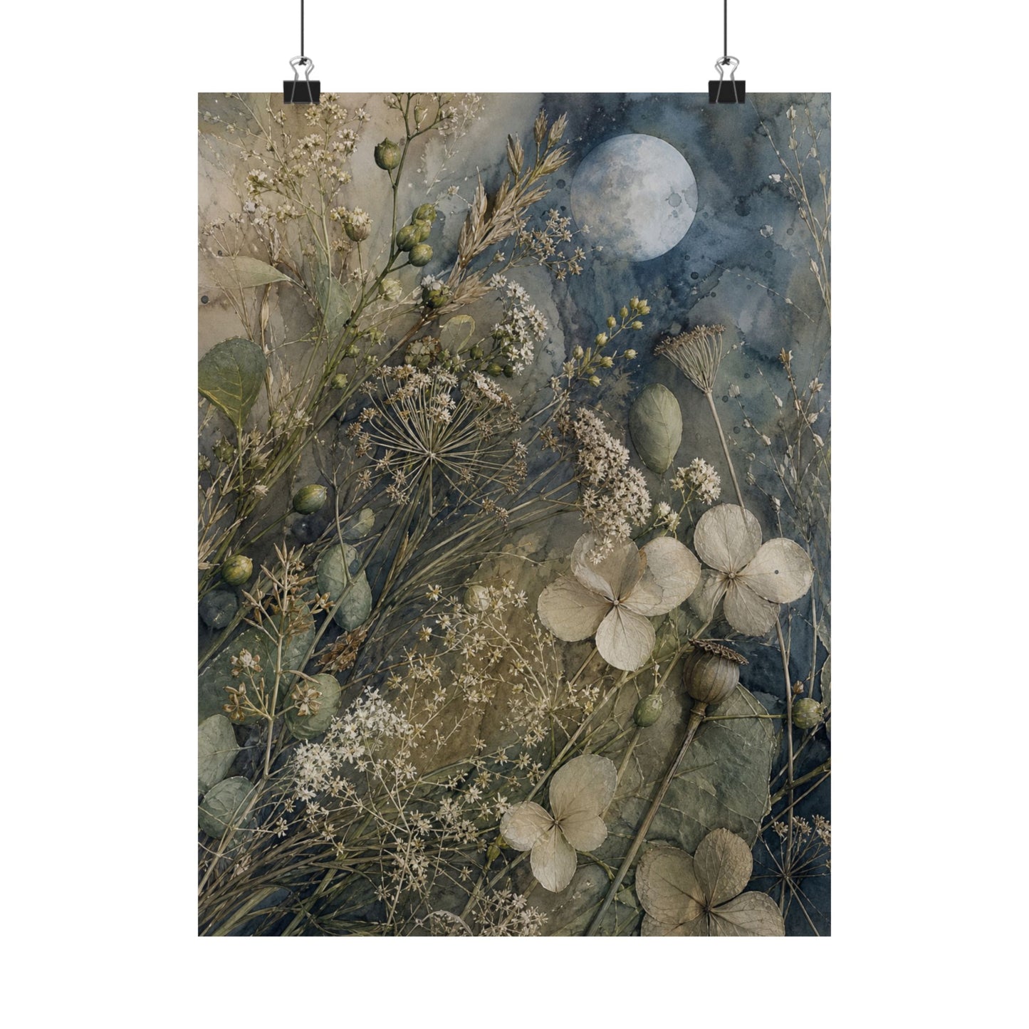 Japandi Dried Flowers in Moonlight | Watercolor Wall Art Print