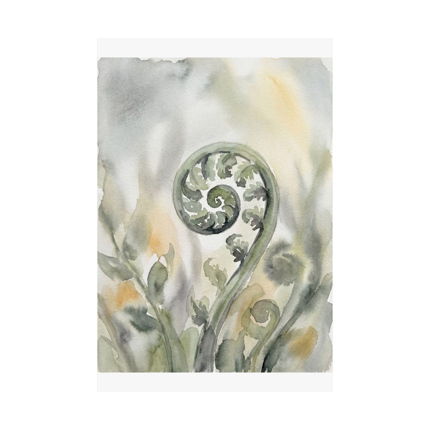Fern Unfurling Watercolor Wall Art Print | Earthy Japandi Art