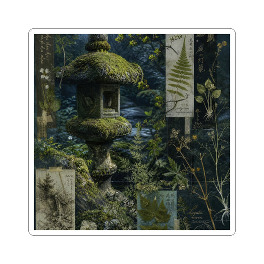 Stone Lantern Herbarium Sticker | Rustic Cottagecore Art