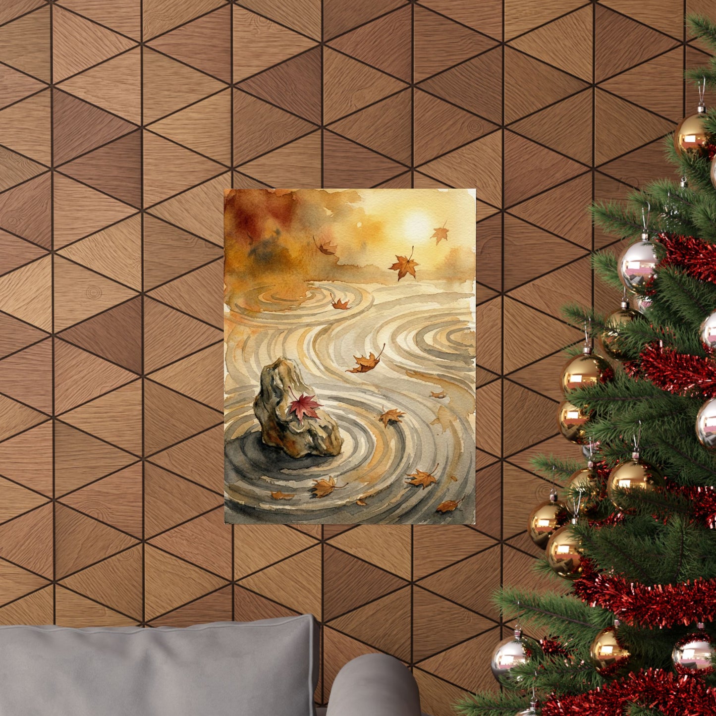 Japandi Rock Garden in Golden Hour | Watercolor Wall Art Print