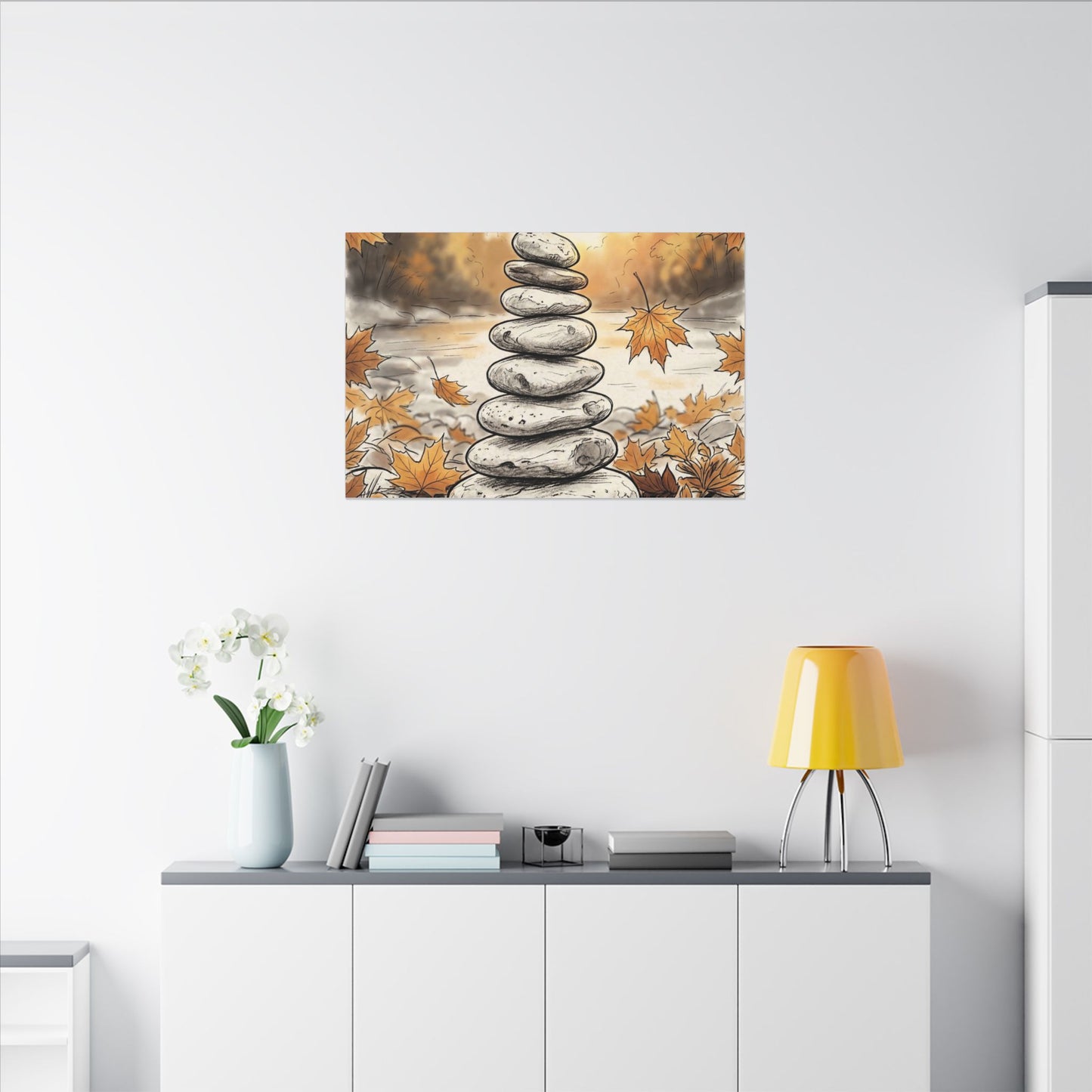 Earthy River Stones Canvas Art - Minimal Line Japandi