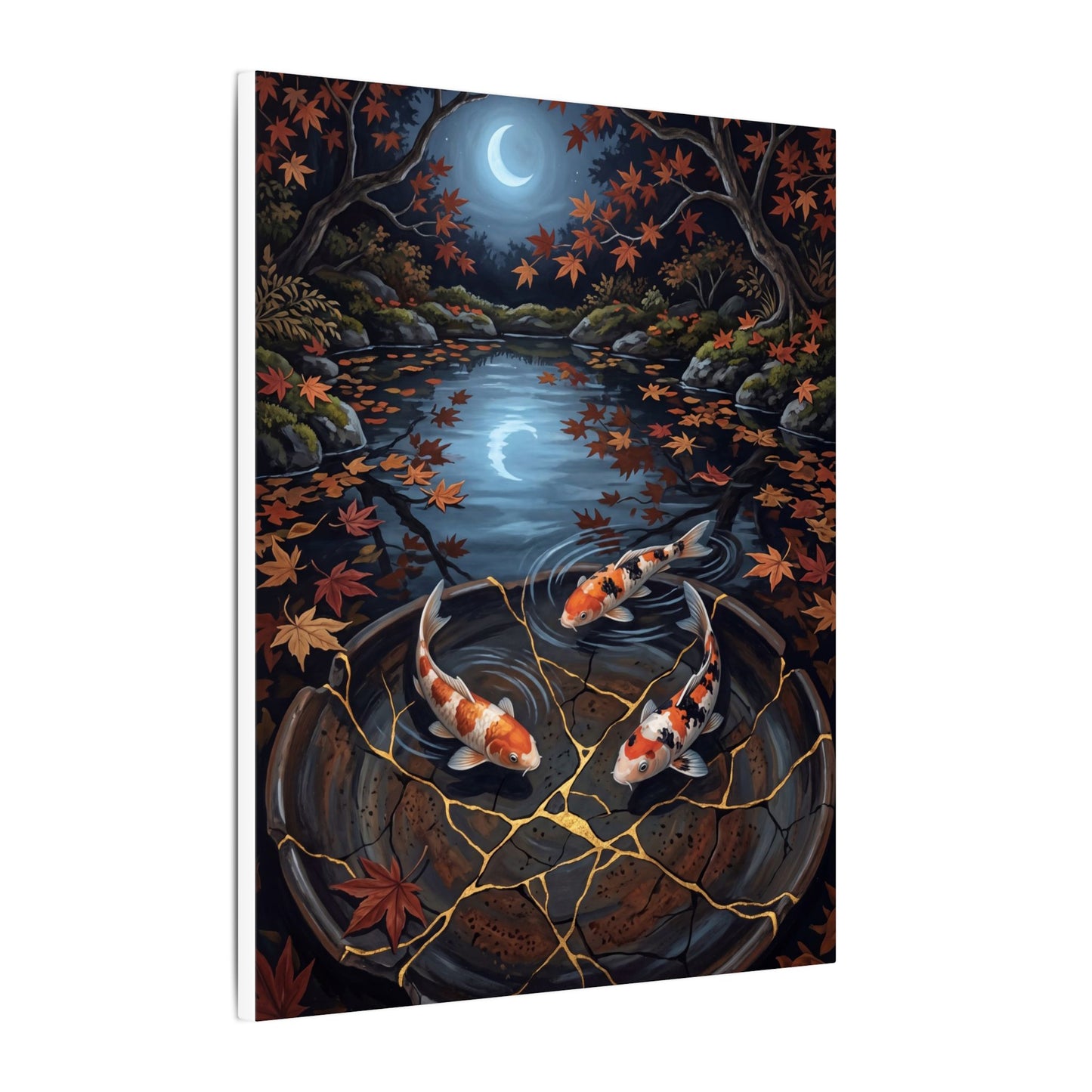 Koi Pond Canvas Art | Autumn Kintsugi Gold Repair Art
