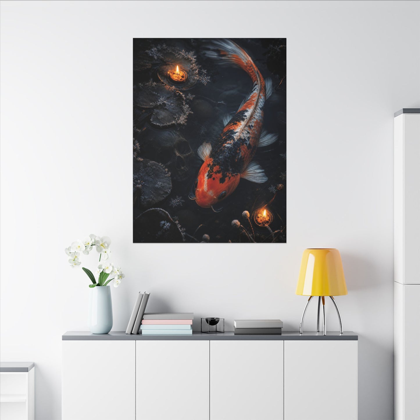 Koi Pond Canvas Art | Winter Dark Japandi Shadow Zen Art