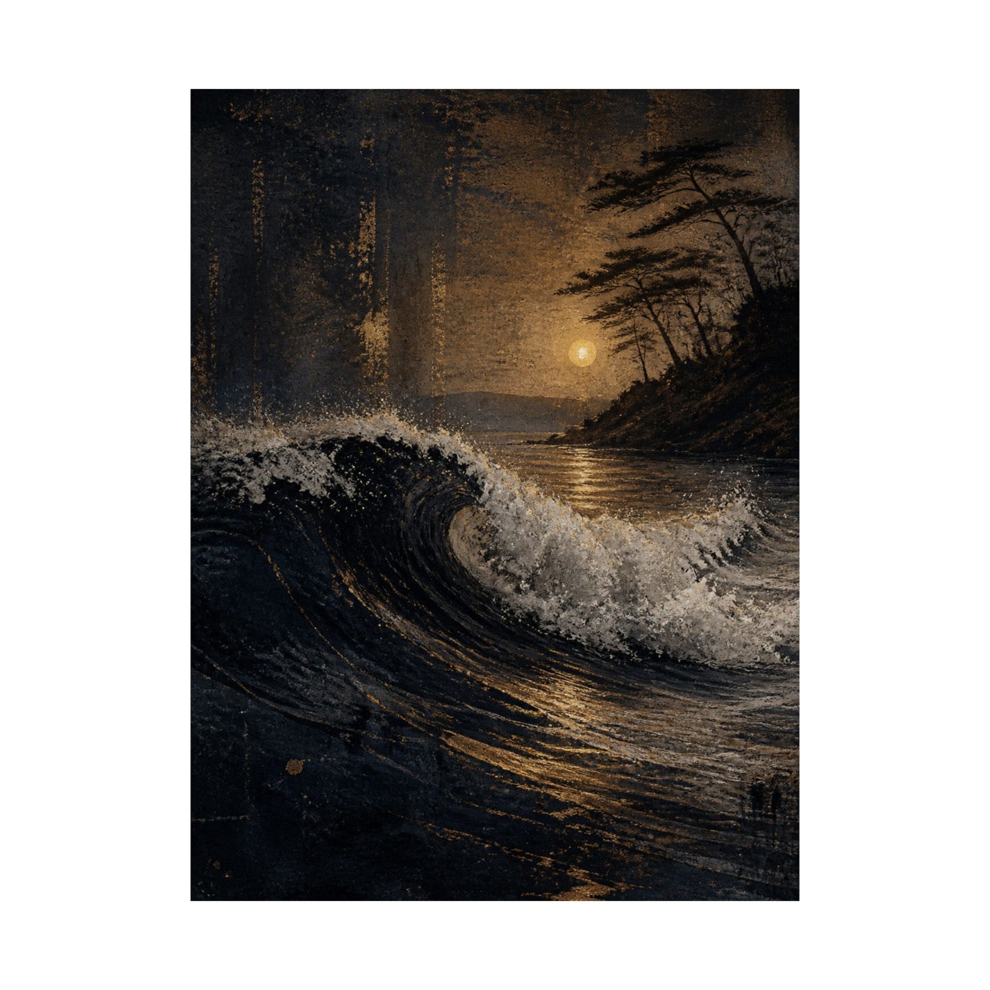 Dark Japandi Ocean Wave in Golden Hour | Dark Texture Wall Art Print