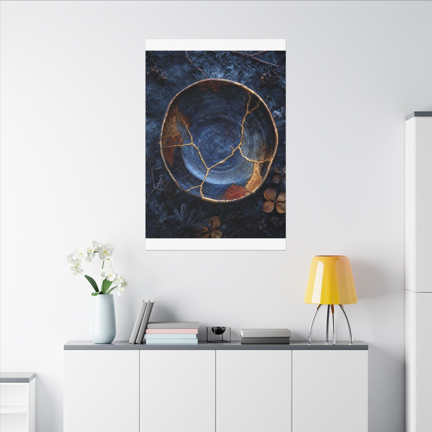 Kintsugi Ceramic Bowl in Moonlight | Crackle Gold Canvas Art