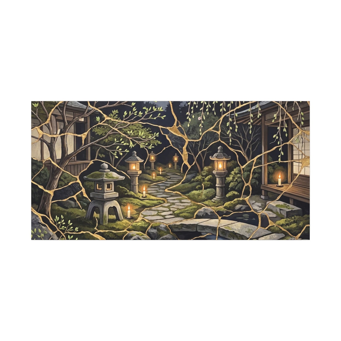 Kintsugi Moonlit Garden in Candlelight | Gold Vein Canvas Art