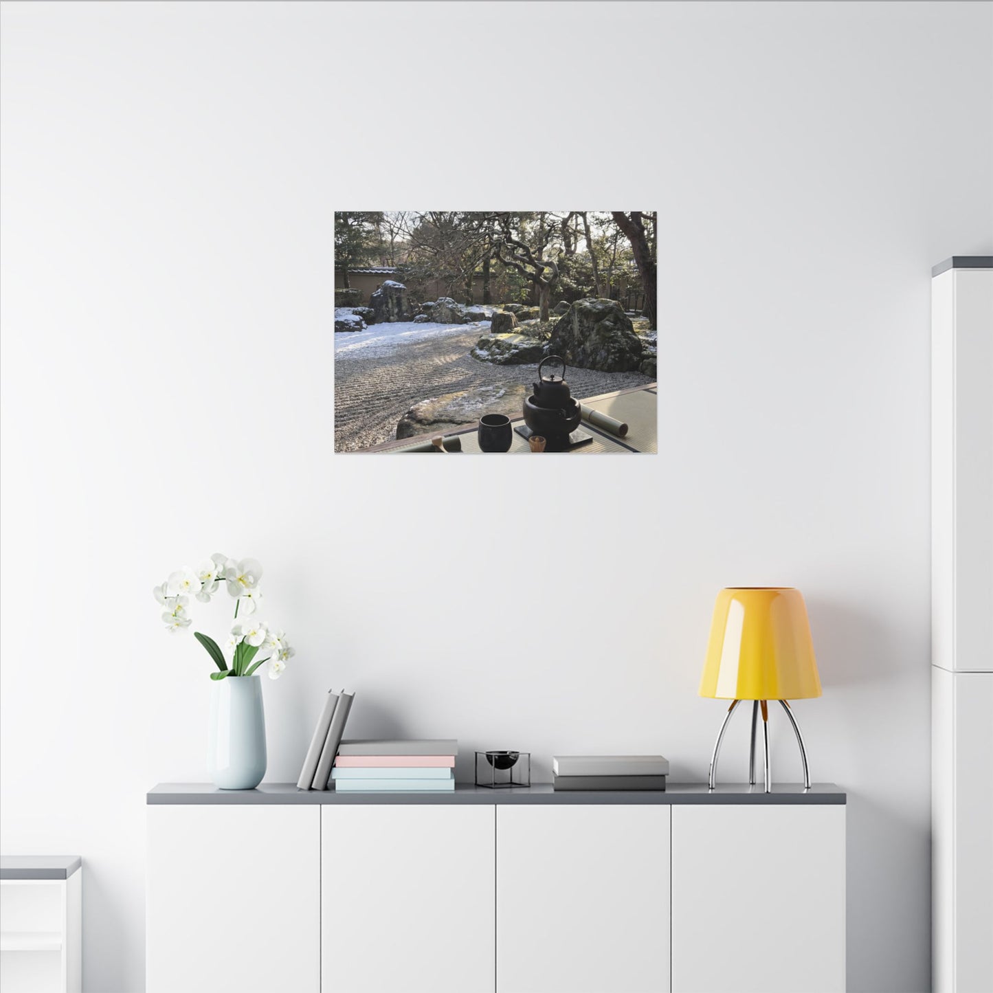 Winter Tea Ceremony Karesansui Canvas Art | Serene Decor