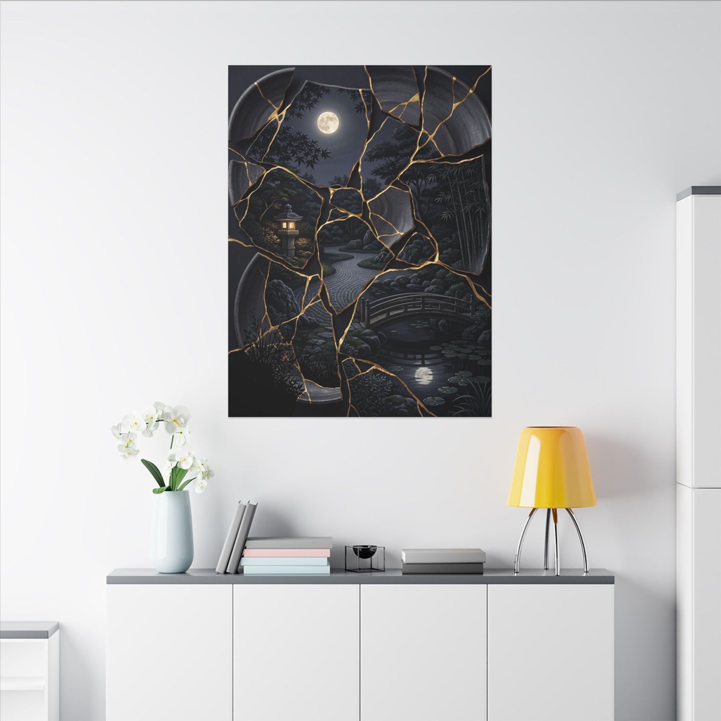 Kintsugi Moonlit Garden in Golden Hour | Gold Repair Canvas Art