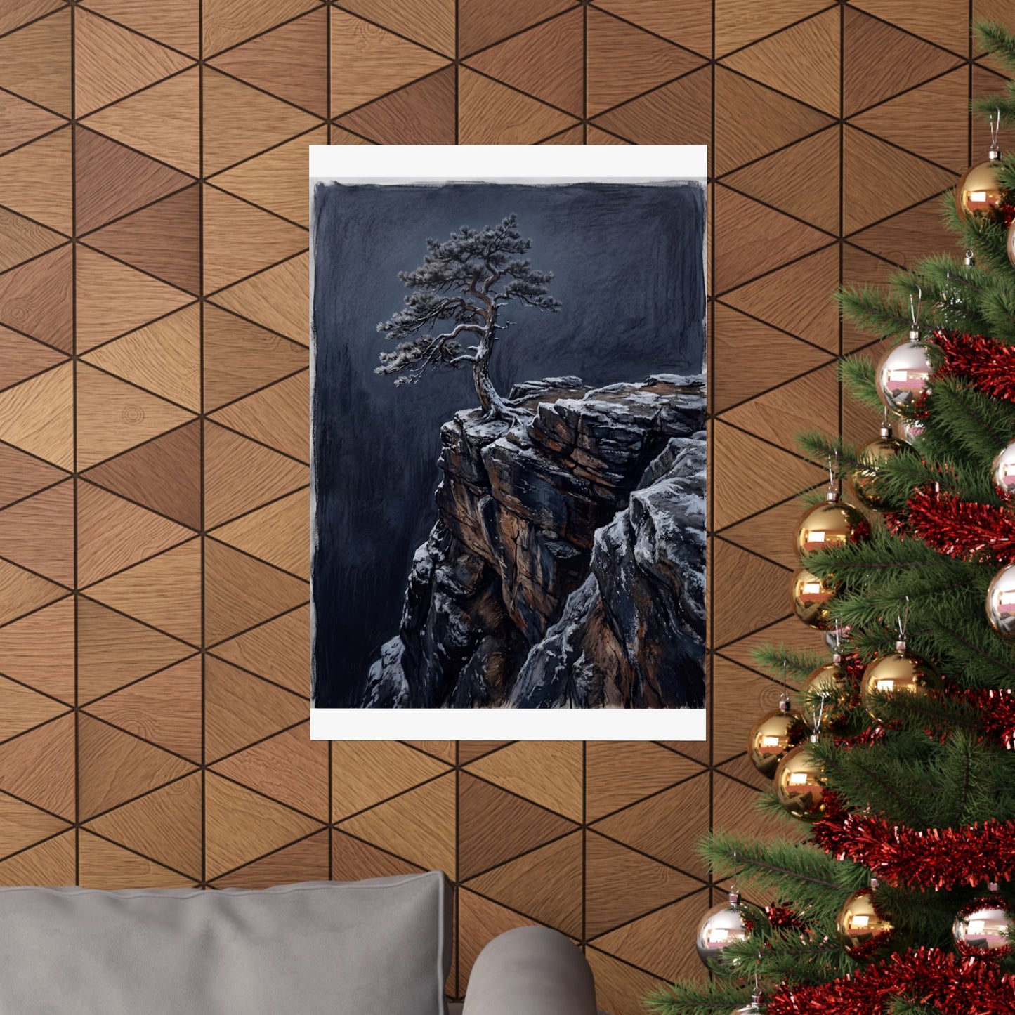 Sophisticated Pine Tree Wall Art Print - Dark Texture Dark Japandi