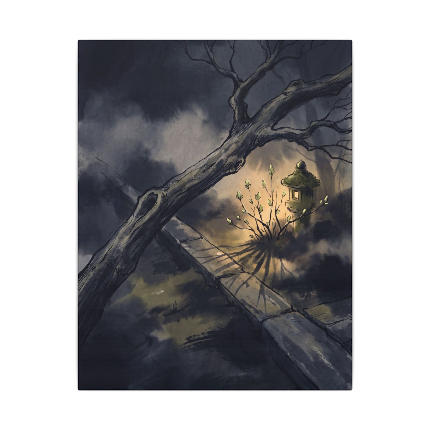Dark Japandi Moonlit Garden in Golden Hour | Charcoal Ink Canvas Art